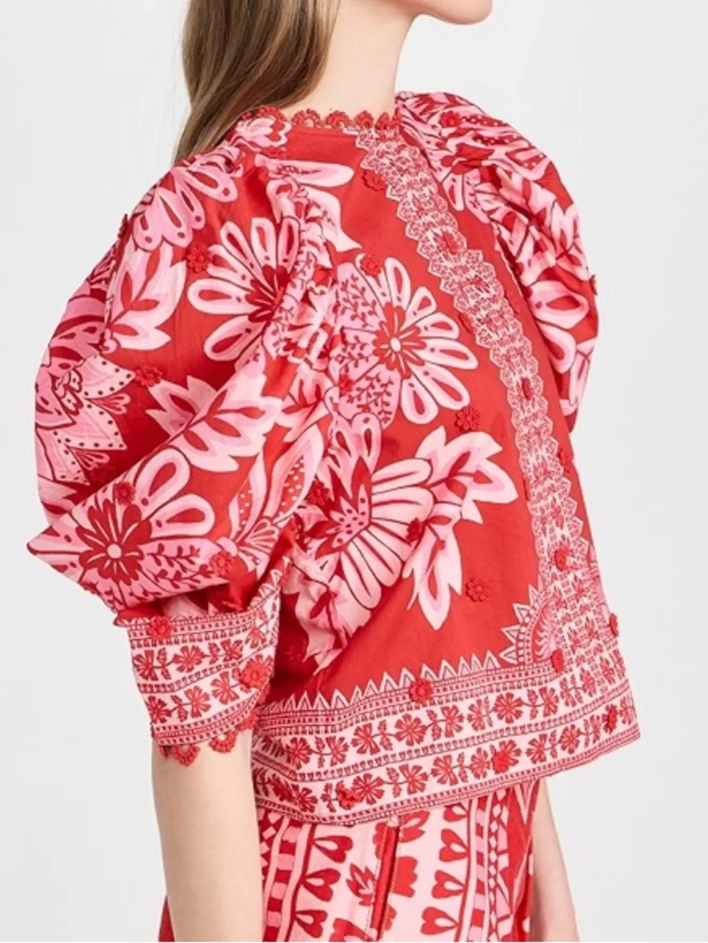 FARM RIO Flora Tapestry Appliqué Puff Sleeve Red Beaded Button Back Blouse XS S